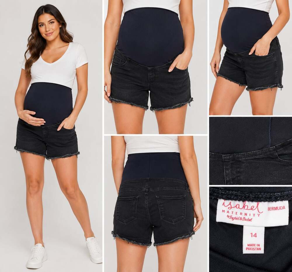 Isabel Maternity by Ingrid & Isabel Black Denim Bermuda Maternity Shorts Raw Hem